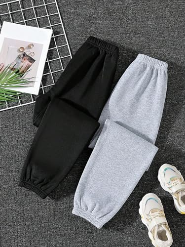 Image of Floerns Girl's 2 Pcs Elastic Waist Jogger Pants Active Running Sweatpants Black and Grey 9Y