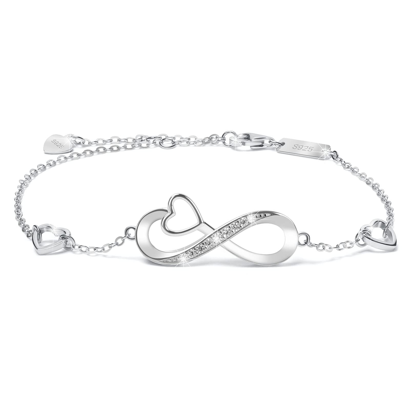 AucuuPulsera para Mujer, Pulsera Infinita de Plata de Ley 925,Circonita Cúbica Brillante Símbolo de Amor Infinito Pulsera Ajustable Regalo de Joyería, Regalo de Día de La Madre(17cm+4cm)