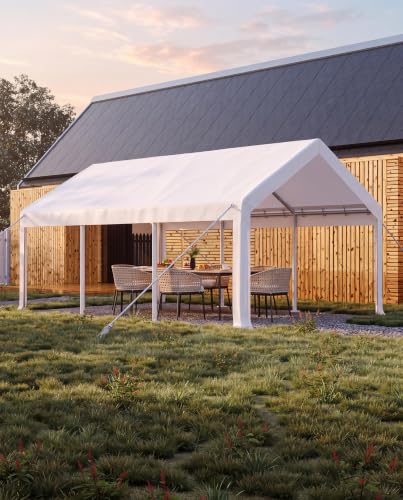 Image of GarveeLife Carport 10x20 ft Portable Garage, White | Car Port with 200 g PE Tarp Canopy / with 2 Roll-Up Doors and 4 Windows / for Temporary Paint Booth, Boats & Pickups Shed