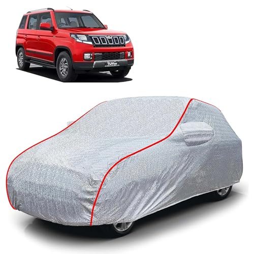 Image of Sulfar 100% Waterproof Car Body Cover Compatible with Mirror for Mahindra TUV300 (Triple Stitched, Full Bottom Elastic, Magic Silver with Red Piping)