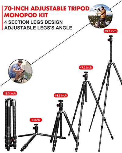 KINGJOY Carbon Fiber Tripod Monopod Kit, 70 inch Video Tripod with 360° Panoramic Ball Head, Max Load 40 lbs, Compact for DSLR Cameras Camcorders, A83+T21