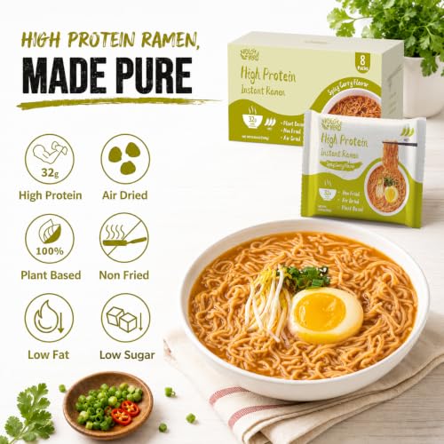 Image of VOLO VERO High Protein (32g) Instant Ramen Noodles inchSpicy inch Curry Flavor Soup, 8 Pack, Vegan, Plant-Based, Low Fat, Non-Fried, Dairy-Free, Egg-Free, Non-GMO, Tasty Healthy Meal