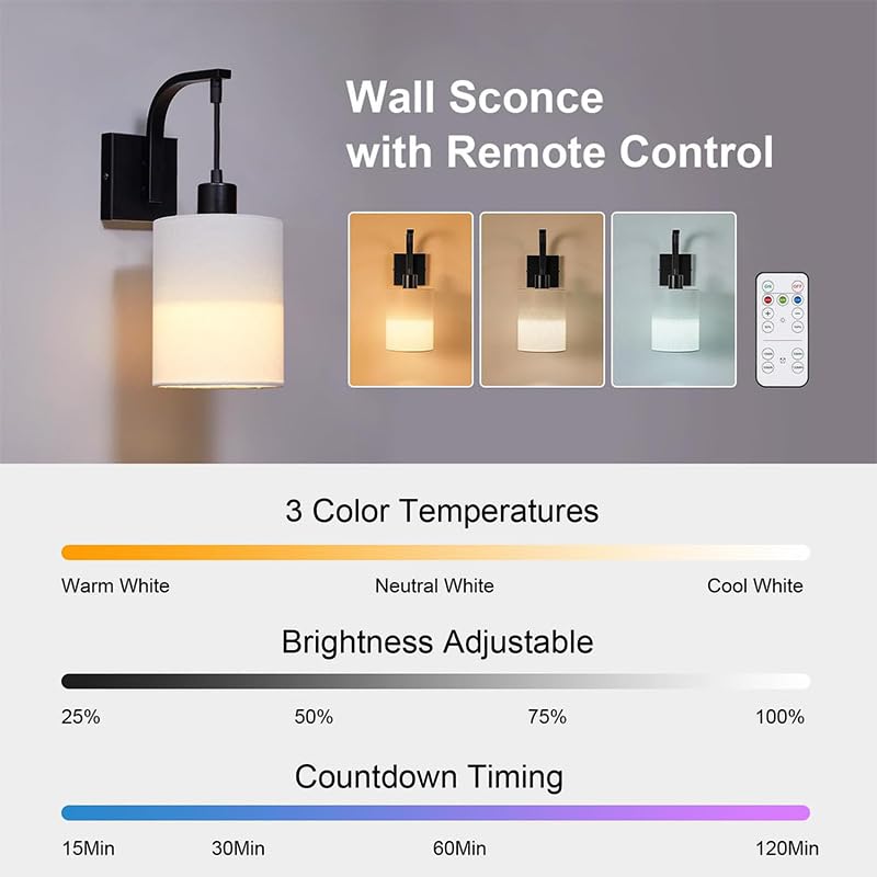 Lampada da Parete con Paralume in Lino, Illuminazione di Emergenza a Semi-Incasso, Lampadina a Batteria Ricaricabile E26, Telecomando e Timer, Ideale per Soggiorno, Studio e uffici