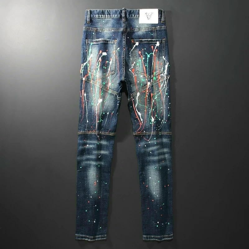 Streetwear Men Jeans Retro Elastic Slim Fit Ripped Biker Jeans Trousers Painted Hip Hop Denim Pants Mens3
