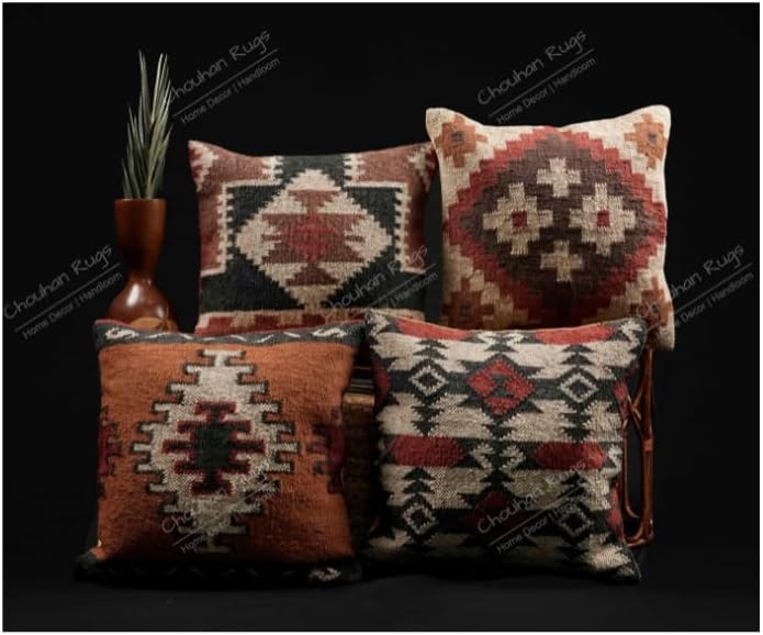 Chouhan Rugs Set of 4 Kilim Throw Pillow Cover Cushion Cover, Wool Jute 18x18 Inch Square Indian Boho Outdoor Cushions Cover for Sofa, Living Room Bench, Home & Office Decor (Style 22)