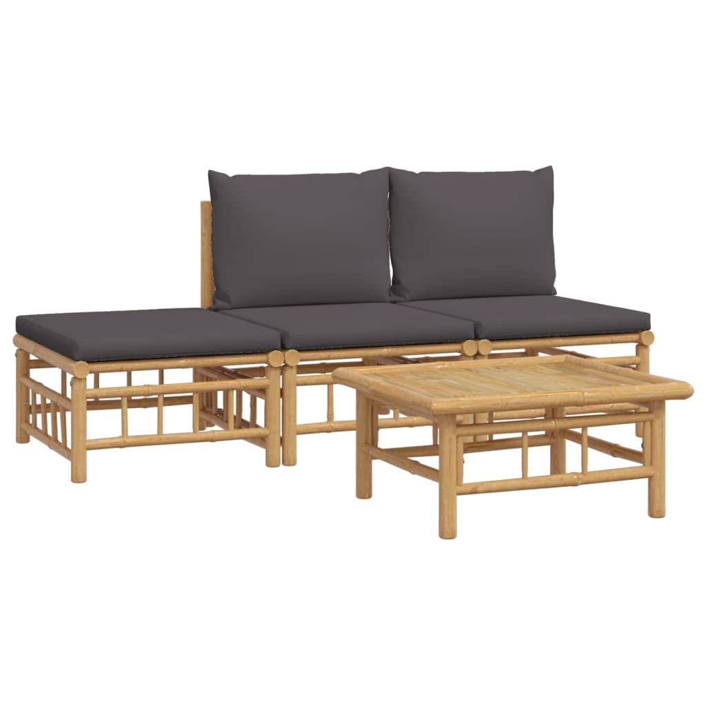 Set Salotto da Giardino 4 Pezzi in Bambù con Cuscini Grigio Scuro | Arredo modulare da esterno per terrazzo o patio, completo di tavolino e imbottiture per momenti di relax all'aperto.