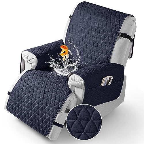 Image of TAOCOCO 100% Waterproof Recliner Chair Covers, Non Slip Recliner Covers that Stay in Place, One-Piece Washable Reclining Chair Cover with Elastic Straps, Dark Blue, Fits 28 inch Seat Width