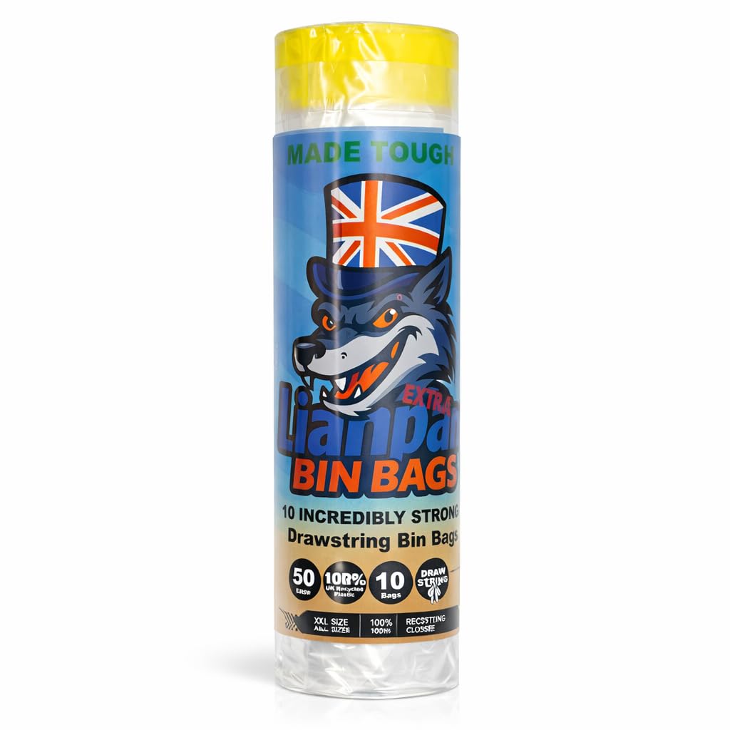 10pcs Lianpak Heavy Duty Extra Strong, Drawstring, Clear, 50L All-Purpose Large Refuse Sacks, Bin Bags, Bin Liners, Recycled, Tear Resistant, 40 Micron, Household, Kitchen, Commercial,10 Bags/Roll