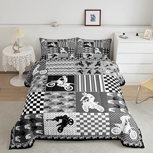 Castle Fairy Dirt Bike Comforter Set,Motocross Racer Bedding Set for Kids Girls Women,Adults White and Gray Grid Comforter,Stripes Square Geometry Quilted Duvet Set Bedroom Collection Twin Size 2Pcs