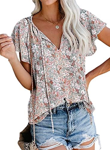 SimpleFun Women’s Boho Tops Floral V Neck Short Sleeve Summer Blouse Shirts