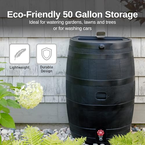 Image of RTS Home Accents 50-Gallon ECO Rain Barrel Made with 100% Recycled Plastic, Flat Back Rain Water Collection Barrel, Stand Included, Black