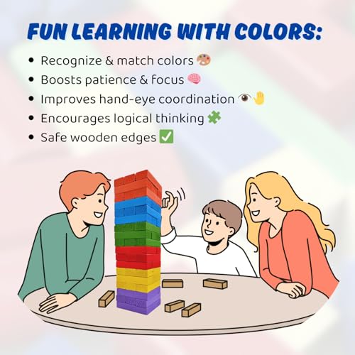Image of 54 Pcs Colourful Wooden Blocks for Kids 7-14 Years | Indoor Balancing & Building Game, Montessori Wooden Toys, Kids Activity Tower Block for Cognitive Development & Fun