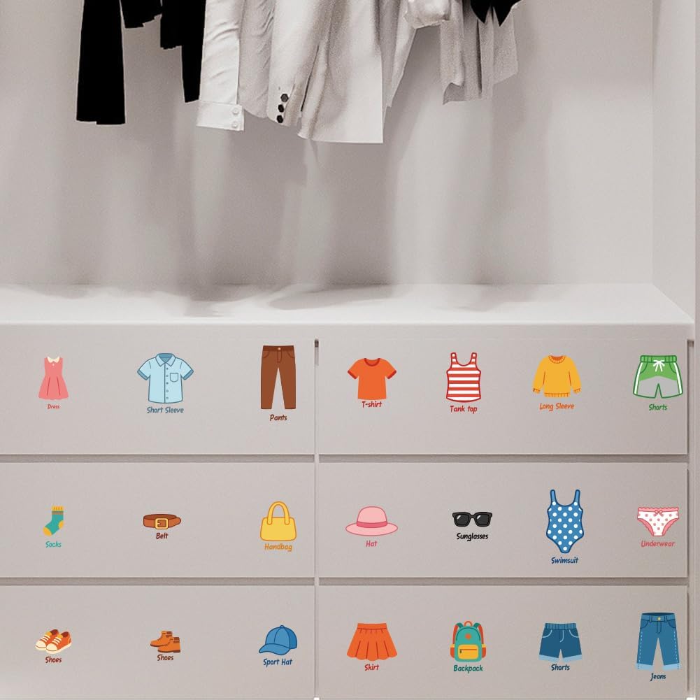 21Pcs 21 Styles Dresser Clothing Decals 11.8 x 7.9 Inch Drawer Organizer Stickers PVC Self Adhesive Removable Storage Sort Labels for Wardrobe Drawer Organizing Home Bedroom Decoration image 4