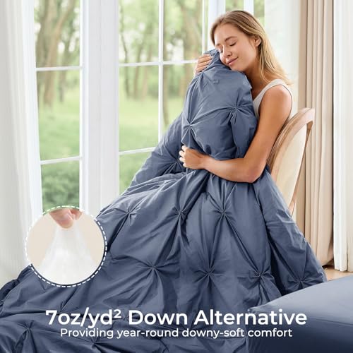 Image of Sasttie Full Size Comforter Set, 7-Piece Bed in a Bag Double, Pintuck Bedding Set for All Season, Includes Comforter, Flat Sheet, Fitted Sheet, Pillowcases and Pillowshams, Indigo Blue