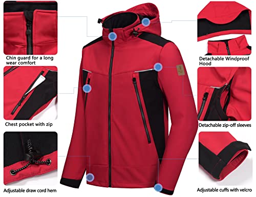 Little Donkey Andy Men's Waterproof Softshell Jacket With Detachable Sleeves And Hood, Fleece Mountain Ski Snow Rain Coat Red Size Xl #TOP4