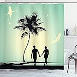 Ambesonne Romantic Shower Curtain, Married Couple Walking on The Beach with Tropical Fauna and Flora, Cloth Fabric Bathroom Decor Set with Hooks, 69' W x 70' L, Pale Green