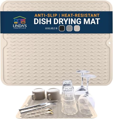 Silicone Dish Drying Mat Multi-Use Dish Drying Mat for Kitchen Counter Draining Board Mats Silicone Draining Mats for Kitchen Sink 40.6 x 30.5 cm Drainer Mat by Lindas Essentials Beige