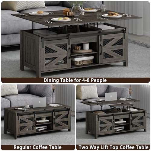 wanan 47.2\" Lift Top Coffee Table, 4 in 1 Farmhouse Coffee Table with Sliding Barn Door, Coffee Tables for Living Room, Dining Room (Grey) - Thumbnail 5