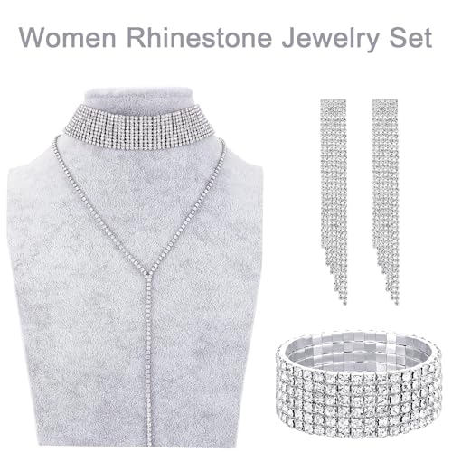 Hicarer 3 Pieces Women Rhinestone Jewelry Set Rhinestone Tassel Choker Necklace Fringe Bracelet Crystal Dangling Earring for Wedding Bridal Party3