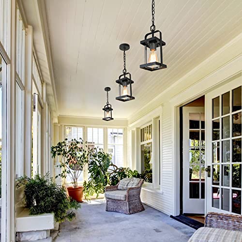 Black Outdoor Pendant Lights, Exterior Pendant Light With Clear Glass, Porch Hanging Lantern Light Fixtures In Brushed Black Finish #TOP3