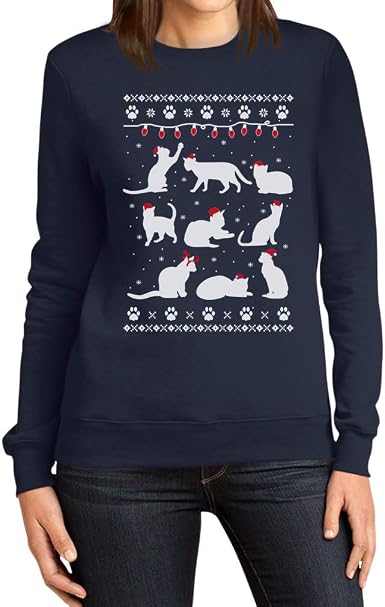 Weihnachtspullover Damen Mit Katzen-Print – Flauschiges Flanell Sweatshirt Für Festliche Anlässe