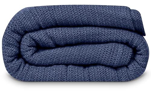 Linteum Textile Supply Leno Weave Navy Blue Blanket, Queen 100% Cotton, Lightweight, Warm, Fluffy, Premium and Durable Soft & Cozy Bed Blanket for Home, Couch, Sofa & Dorm, All Season Throw [90x90]