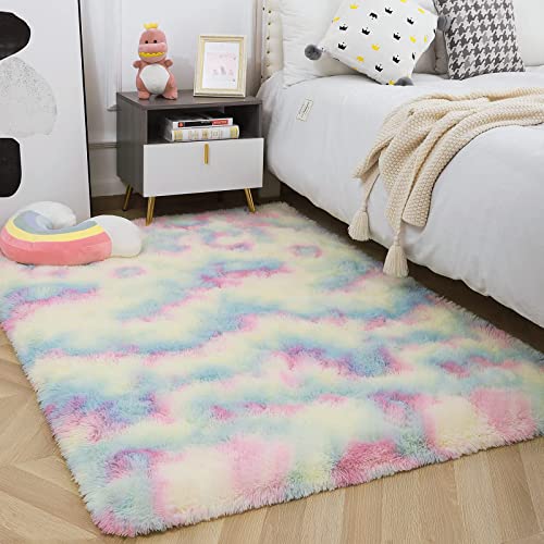 Wellber Soft Shaggy Rugs For Girls Room Decor,Girls Bedroom Rug, Tie Dye Kids Rug,Plush Fluffy Rug Fuzzy Carpet For Princess Children Teen Baby,Cute Colorful Rug For Nursery Dorm, 3X5 Feet #TOP4