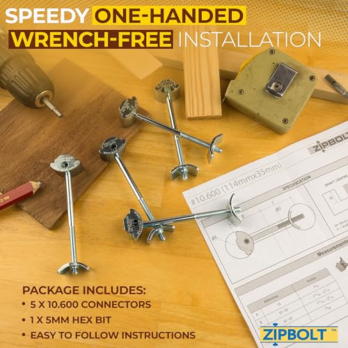 Image of Zipbolt Joint Connector for Countertops and Butcher Blocks, 5 Pack, 10.600 | Countertop miter and straight seam drawbolt connector, T30 Torx bit included, Single-handed tightening, Furniture assembly