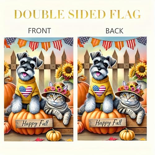 Image of BlissYard Happy Fall Schnauzer Dog and Cat Garden Flag 12x18 Inch Double Sided Fall Yard Banner with Puppy Pumpkin and Autumn Leaves for Thanksgiving Porch Patio Lawn Outdoor Decoration