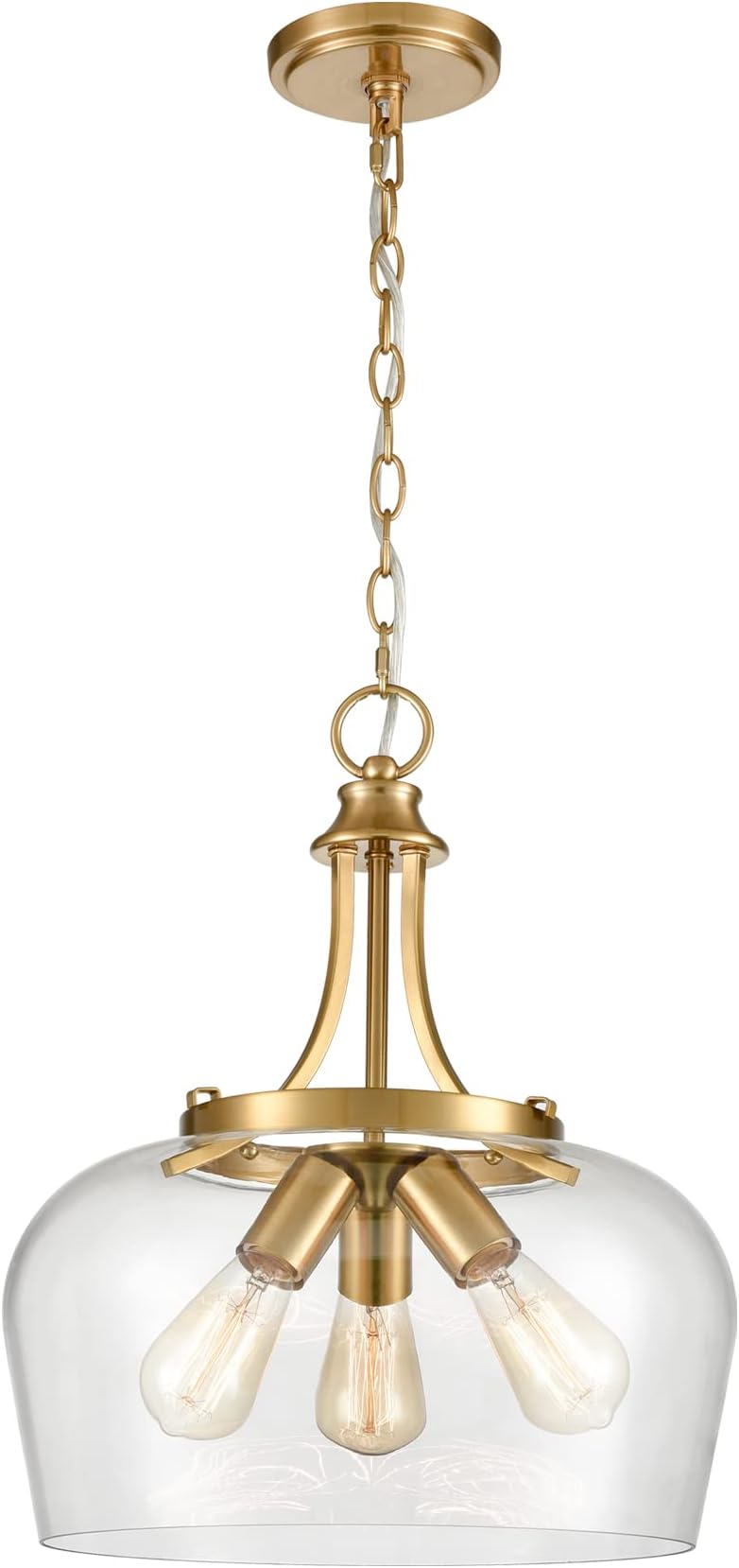 Modern 3-Light Gold Pendant Light with Clear Glass, Mid Century 15-Inch Pendant Lighting Adjustable Height Hardwired Brass Glass Chandelier for Kitchen Island Dining Room