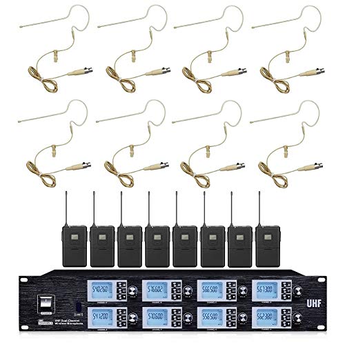 Bolymic 8800 8 Channels uhf Wireless Microphones Professional Stage Mic 8 Headset Cordless Mic System for Church