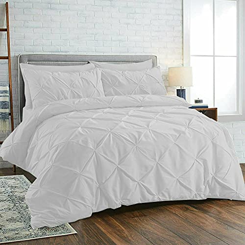 Diamond Pleated Pintuck Duvet Cover Set with Pillow Cases 100% Cotton Bedding Quilt Covers Bed Sets Single Double King Super King Size (White, King)