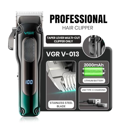 Image of VGR V-013 Professional Salon Quality Hair Clipper - 200 Minutes Runtime, 2000mAh Lithium Battery, Adjustable Taper Lever, 8 Guide Combs, LED Display (Green)