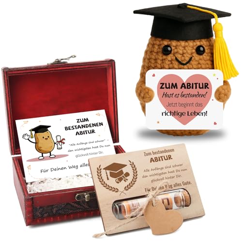 Szhhrxi Abitur 2026 Geschenke Positive Kartoffel mit Grußkarte Geldgeschenk Abitur Schatztruhe Pocket Hug Strickwolle Glückskartoffel Abschluss ABI Geschenke für Prüfung Glücksbringer (Abitur)