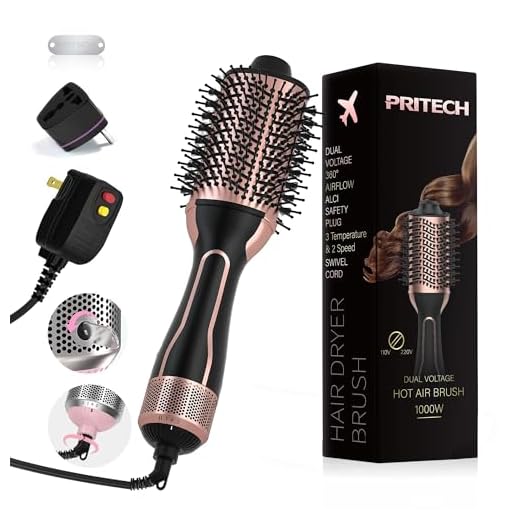 Dual Voltage Hair Dryer Brush, PRITECH Hot Air Brush, Ionic 1000W Blow Dryer Brush 4 in 1 Styler, One Step Volumizer, Rotating Styling Brush with Ceramic Coating for Straight and Curling Hair Salon