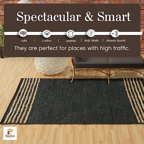 Gruhum Jute Area Rugs 3X5 Feet - Natural Fibre Black Rectangular Leather Handwoven Boho Farmhouse Soft Braided Rustic Vintage Rug Indoor Outdoor Livingroom Kitchen Hallways Enterways (3X5Ft) #TOP6