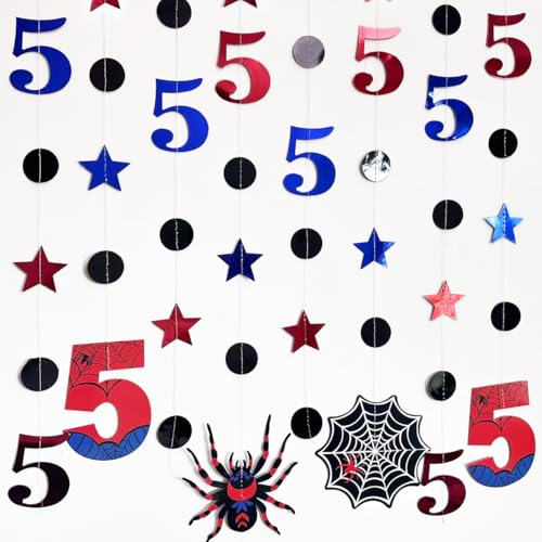 Image of 42Ft Spider 5th Birthday Party Decorations Red Blue Stars and Black Spider Web Garland Streamer for Boys 5th Cartoon Spiders Birthday Super Heros Cartoon Bday Party Decor Supplies