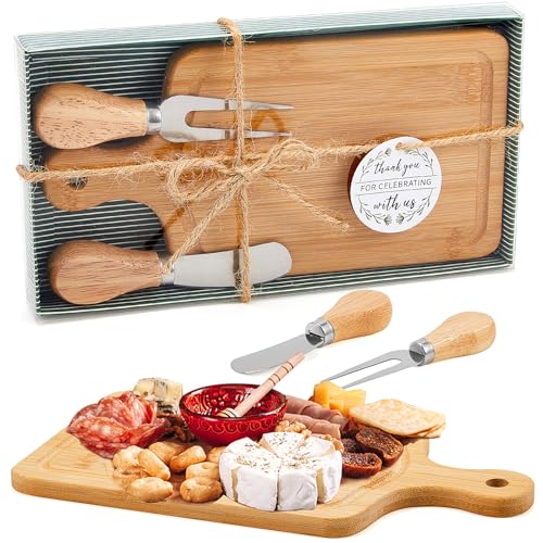 Ziliny 1 Set Bridal Baby Shower Cheese Prizes Wooden Square Board Gift Set Knives Forks Thank You Tags with Box for Guests for Valentines Bridal Baby Shower Housewarming Gifts (Bamboo Color)
