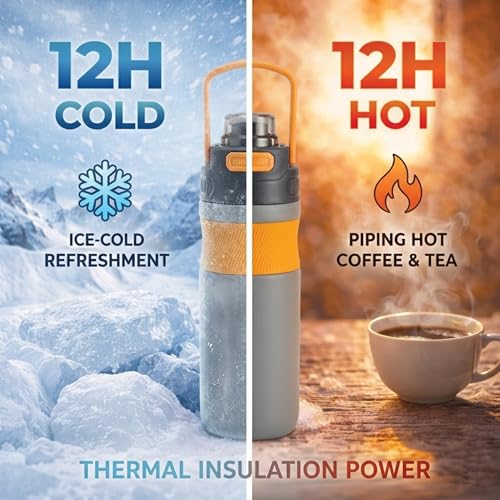 Image of 600ml Insulated Water Bottle with Straw - Premium SUS 316 Stainless Steel Sport Flask - Insulated Hot & Cold, Leak-Proof One-Click Flip Top - Gym & Travel Bottle (Stone Amber)
