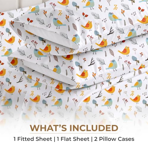 Image of SGI bedding RV Short Queen Sheet Set 60x75, 600 TC Egyptian Cotton, 4 Piece Luxury Hotel Collection, Ultra Soft & Breathable, Fits RV Mattress Camper & Trailer, 15 Inch Pocket, Spring Bird