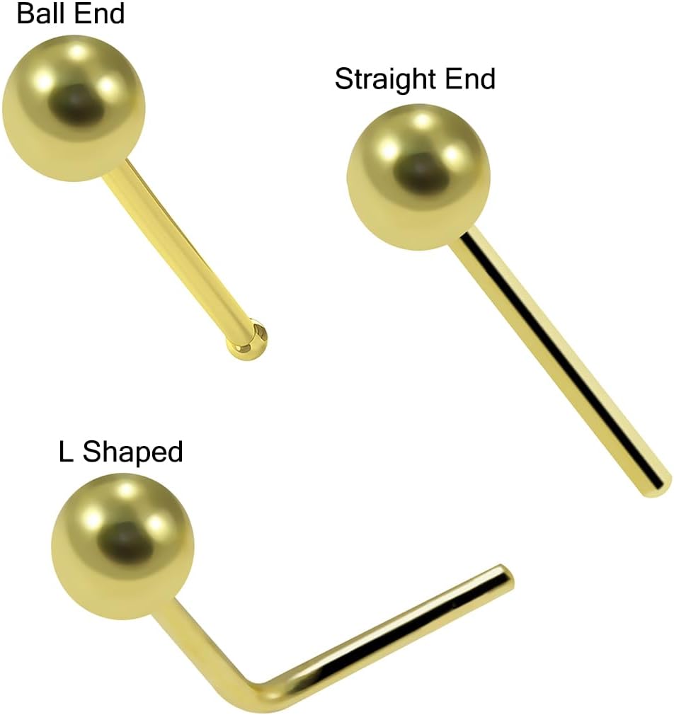14K Solid Yellow Gold 3mm Plain Ball Top 22 Gauge Nose Stud - Tiny Nose Ring - Gold Nose Stud Piercing Body Jewelry