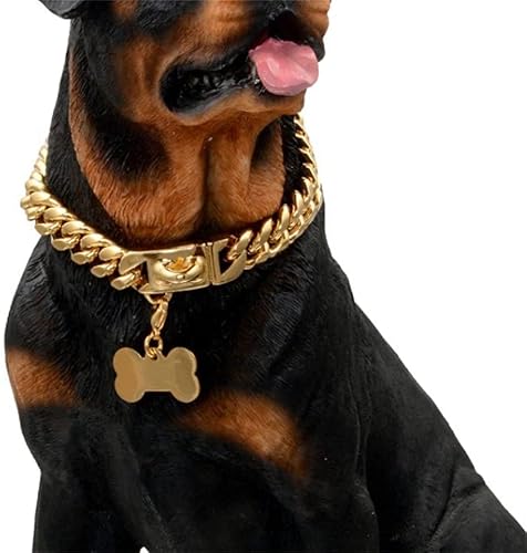 MTRSUE 15MM Gold Ketten Halsband Hund, 18K Karat Vergoldet Fest Rostfreier Stahl Glied, Trainingshalsband Hund mit Design Sicherheitsschnalle Und Hundemarken, (20 Zoll) Cover