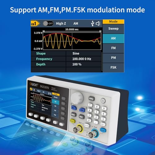 OWON DGE2070 Wellenformgenerator, 3,6-Zoll-LCD-Display, zwei Kanäle, 70 MHz Frequenzausgang, max Abtastrate von 300 MSa/s, mit 14-Bit Waveform Generator