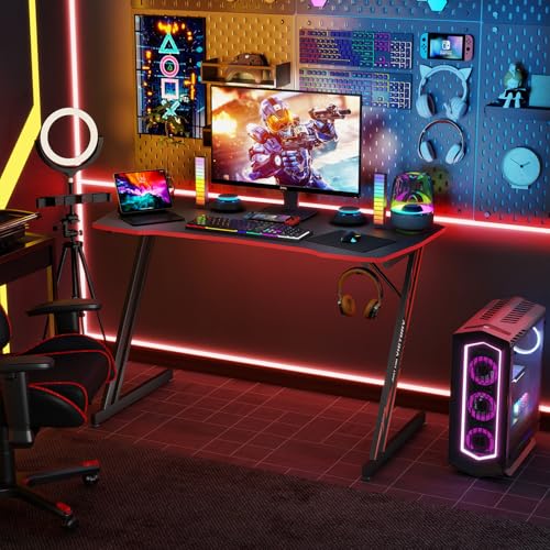Image of BestOffice 39 inch Gaming Desk Computer Gaming Desk Z Shaped Gaming Workstation Ergonomic Gaming Table with Headphone Hook for Game Players,Black&Red