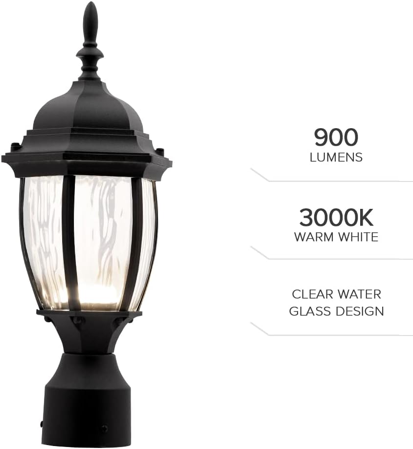Maxxima LED Outdoor Post Light Pole Lantern with Clear Water Glass, Exterior Waterproof Post Mount Light, 900 Lumens, Driveway Post Light, 3000K Warm White