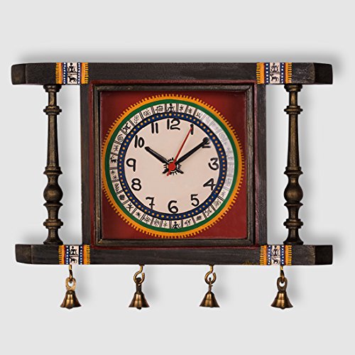 Image of ExclusiveLane Warli Hand-Painted Living Room Bedroom Stylish Decorative Teak Wood Wall Clock (30.2 cm x 6.1 cm x 25.1 cm, Natural Dark Brown and Red), Abstract