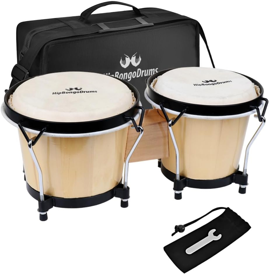 Bongo Drum Set 6 and 7 Inch for Adults & Beginners, Tunable Hand Percussion Instruments, Hickory Wood Shells, Metal Hardware with Tuning Wrench