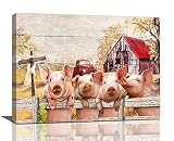 Farmhouse Pig Wall Art Cute Pigs Old Barn Truck Pictures Wall Decor Country Animal Canvas Print Pain