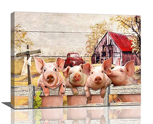 Farmhouse Pig Wall Art Cute Pigs Old Barn Truck Pictures Wall Decor Country Animal Canvas Print Painting Rustic Funny Artwork For Bathroom Kitchen Bedroom Living Room Framed 16"X12" #TOP25