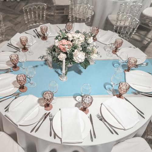 Image of 12Pack 12x108 Inch Satin Table Runner and 84 Inch Round Plastic Tablecloths White Light Blue Disposable Round Table Cover for Graduation Wedding Bridal Shower Anniversary Birthday Party Decorations